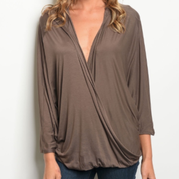 Tops - Mocha Surplice Blouse with Hood